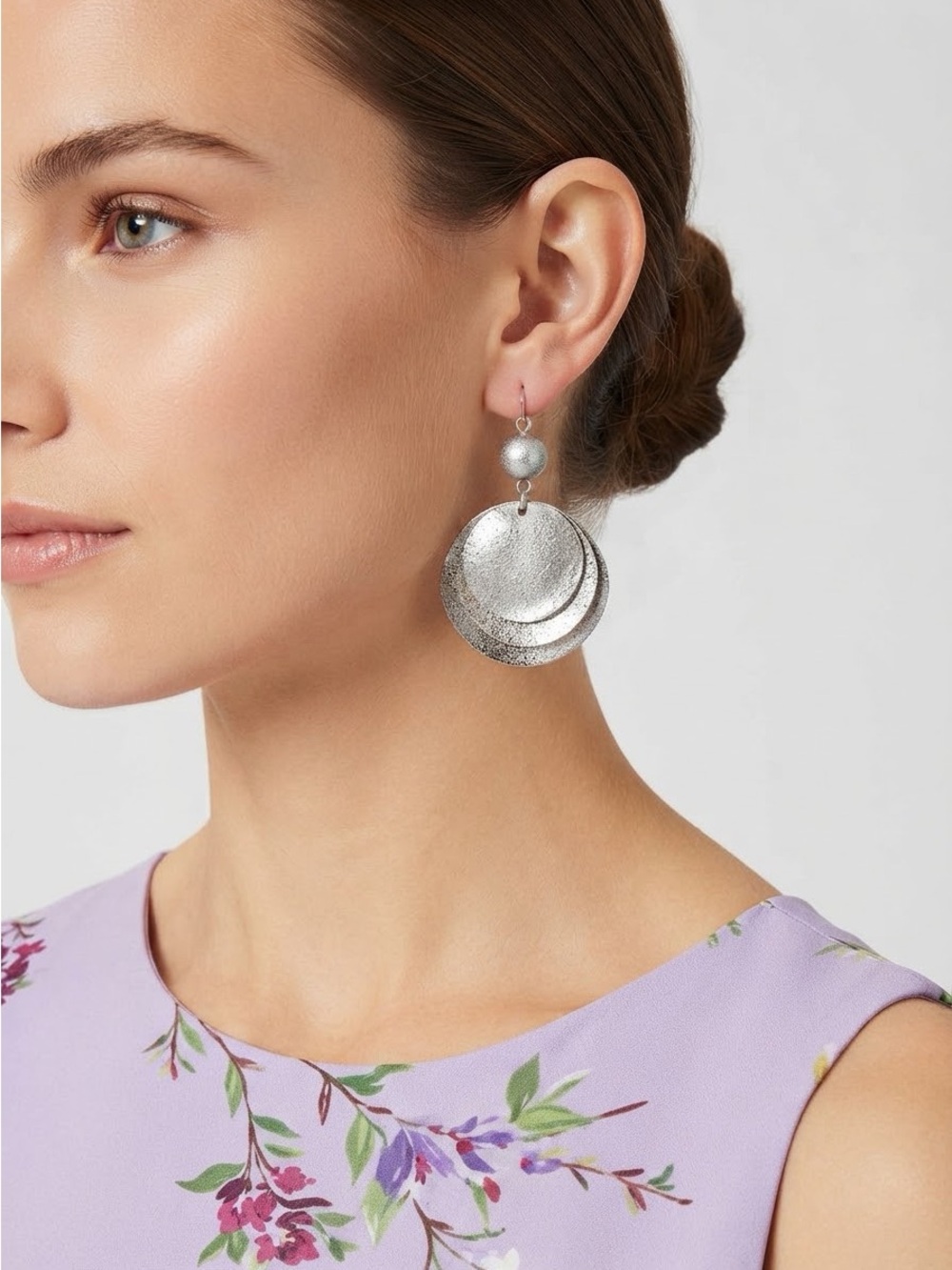 Silver Tone Textured Disc Dangle Earrings | Hammered Wavy Statement Earrings